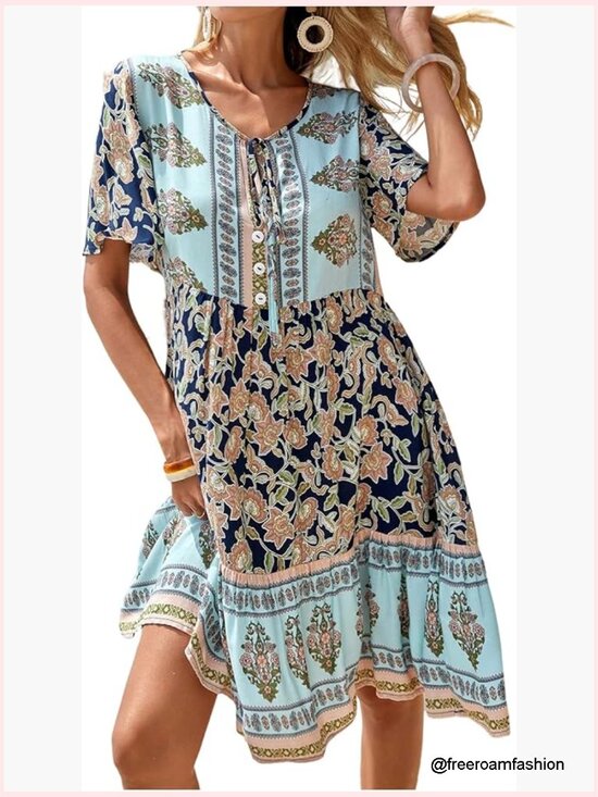Dresses & Skirts - Short Sleeve V Neck Tie Front Babydoll Flowy Ruffle Summer Beach Dress